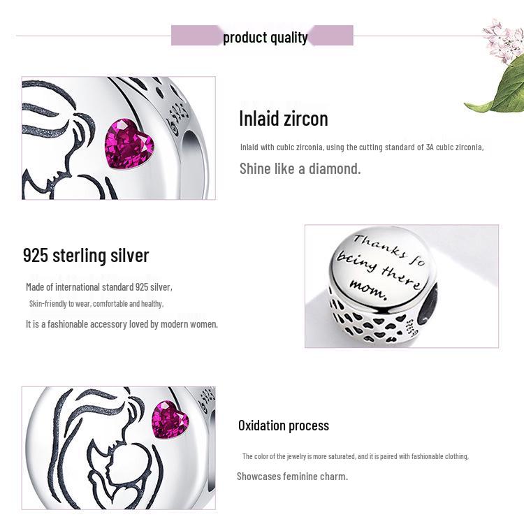 Sterling Silver S925 Heart-Shaped Red Zircon Mother's Love Bracelet BSC493