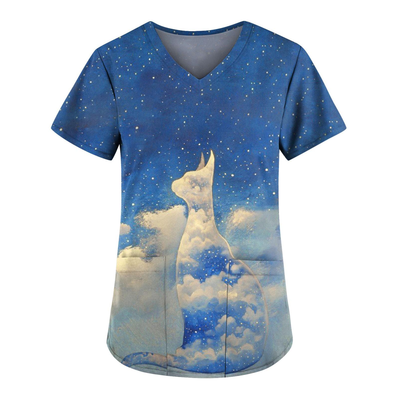 

Женские топы с короткими рукавами и v-образным вырезом с принтом, рабочая форма, карманная блузка L белый