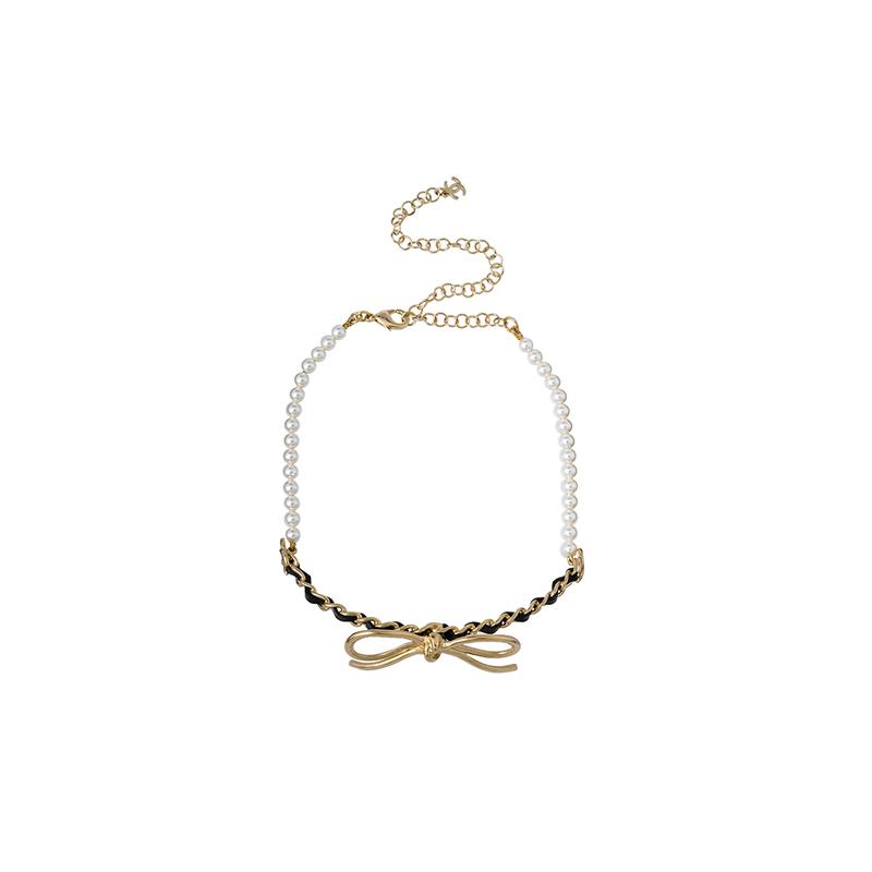 CHANEL Metal Bow Calfskin Glass Pearl Chocker Necklace Women's Gold/Black