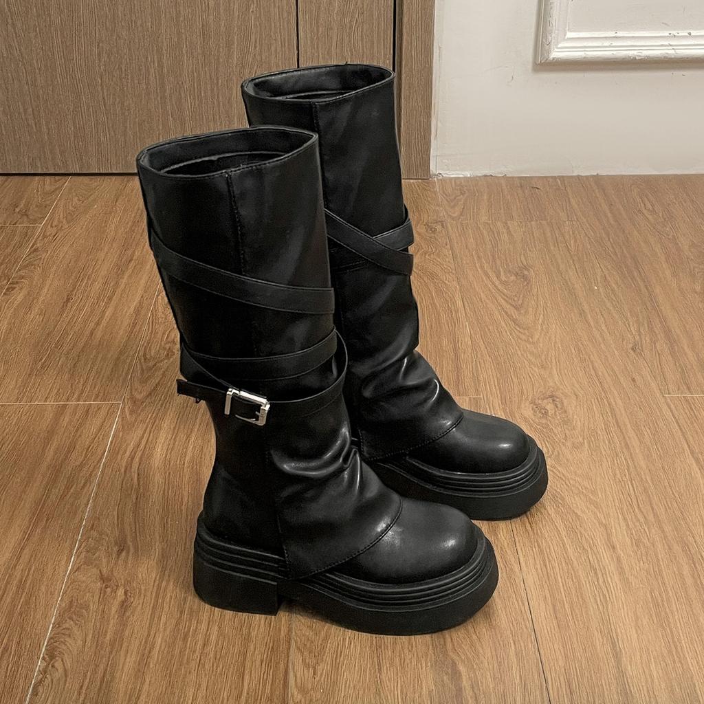 Black retro small thick-soled thick-heeled boots children's boots 2025 new autumn height-increasing and thin knight boots