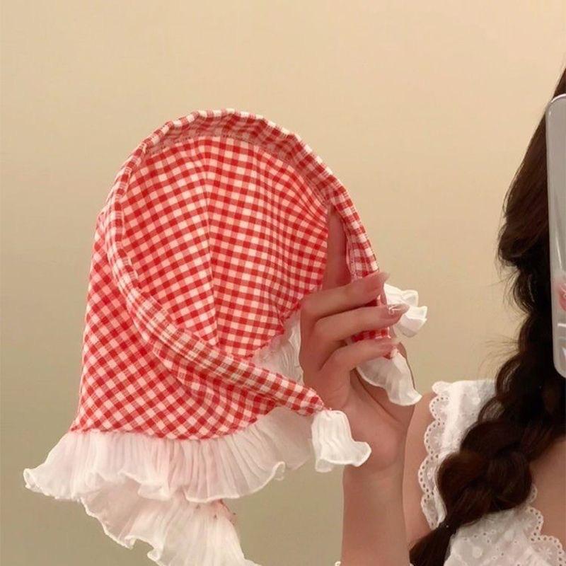 1 Country-style Lace Headband, New Triangular Headband, French Retro Checkered Sweet and Cute Headscarf