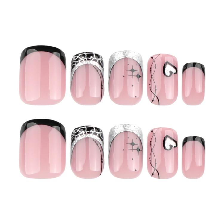Valentine's Day Press On Nail Short Square False Nail Winter Nail with Heart Designs Stick On Nail Artificial Nail 24Pcs