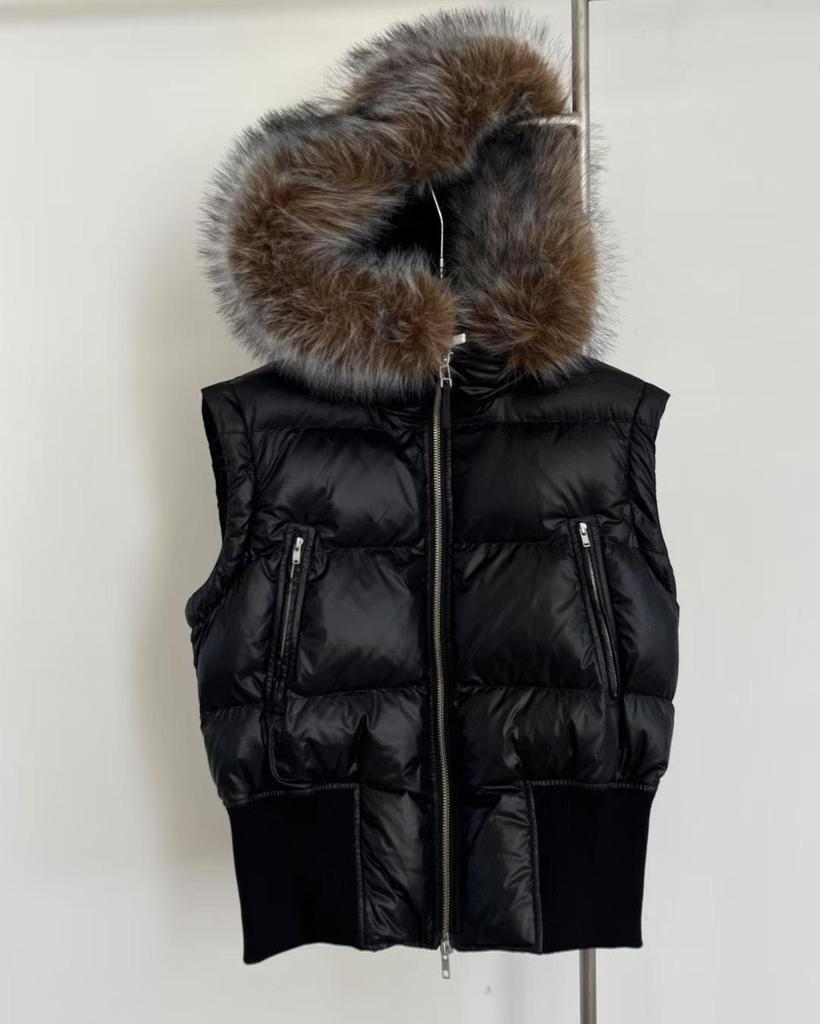 Women's Black Slim-Fit Down Coat with Detachable Fur Collar
