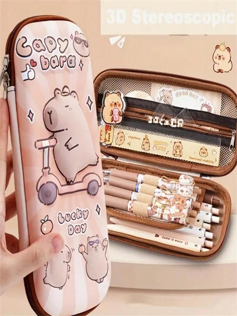 1 Cartoon Cute Capybara and Panda Pencil Box - Large Capacity 3-Layer Multifunctional Stationery Box with Waterproof, Pressure Resistance an