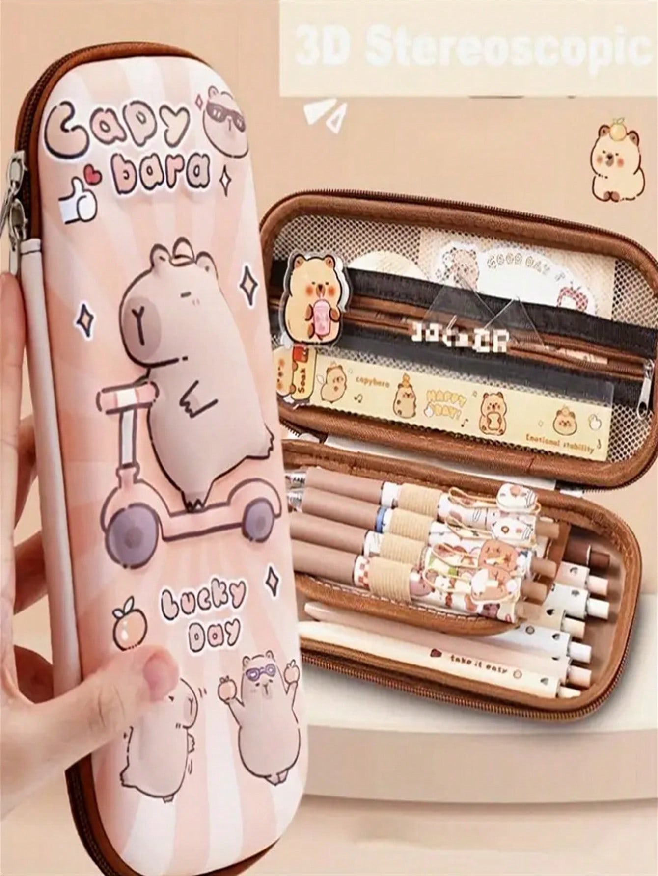 

1 Милый мультяшный пенал с капибарой и пандой - Вместительный 3-слойный многофункциональный пенал с водонепроницаемостью, устойчивостью к давлению и коричневый