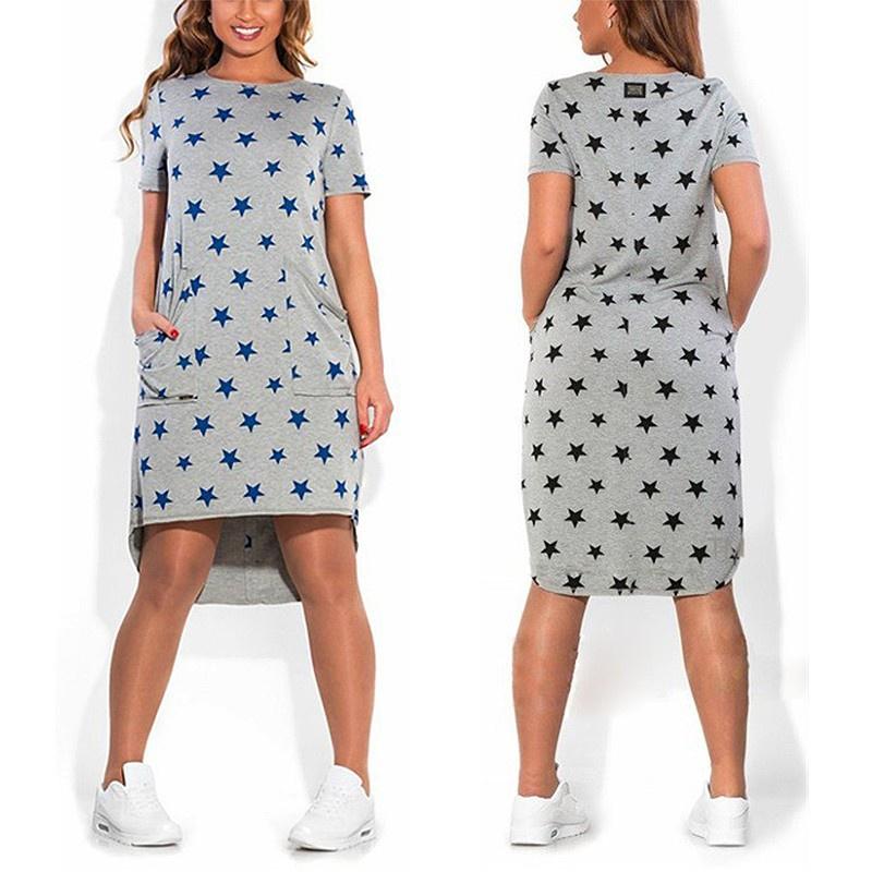 Summer Women Stars Printed Clothing Loose Fit Knee-length Casual Dress In Cotton Blend
