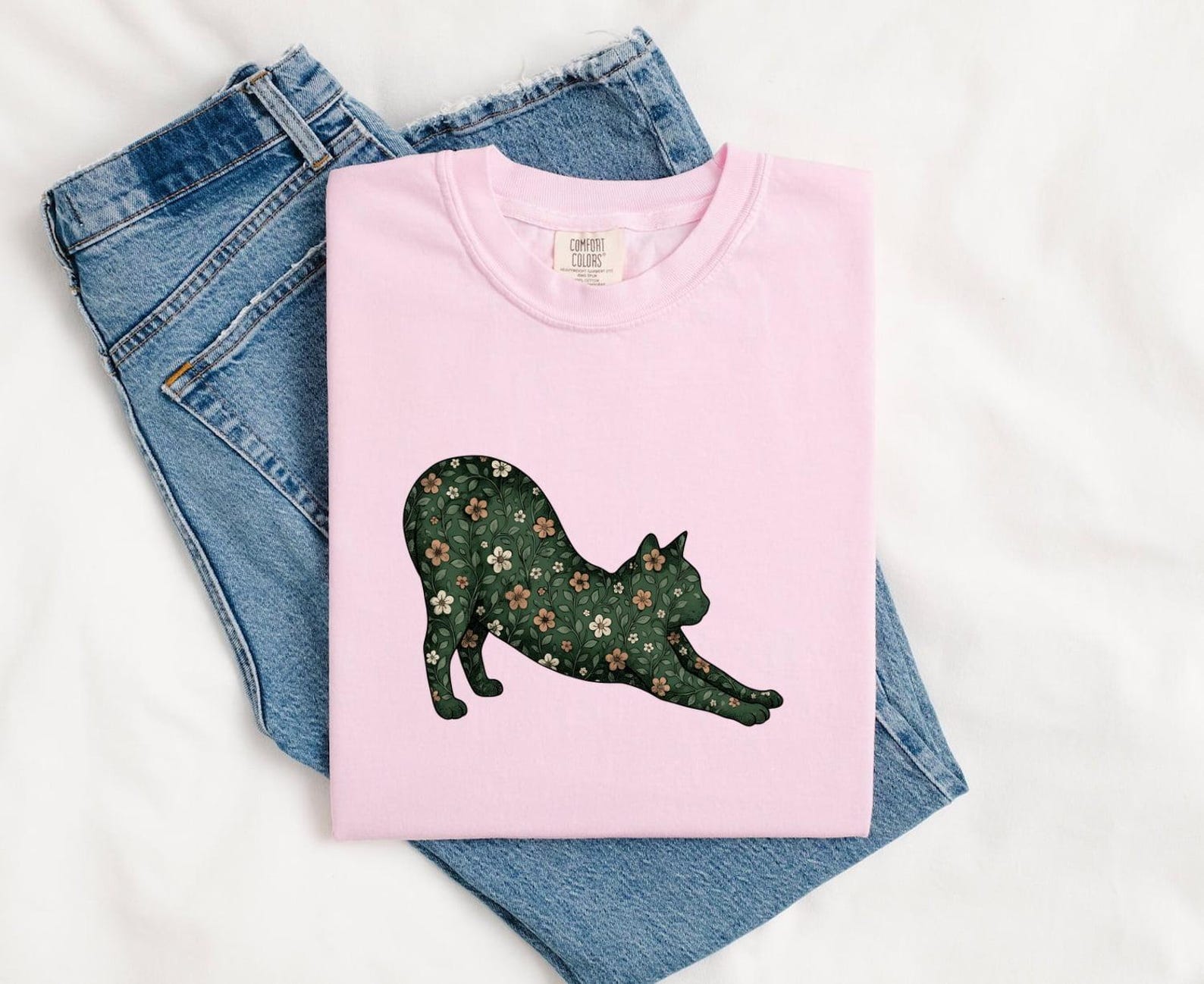 Stretching Cat Shirt Cat Floral Gift Women Botanical Tee Kitty T-Shirt Cat Fan Foliage Tshirt Floral Graphic Vintage Floral Pattern Tshirt 3XL