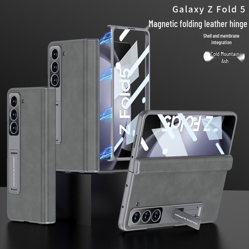 Samsung Z Fold5 Leather Case: Magnetic Hinge, Full Coverage, Stand, Cross-Border Protection
