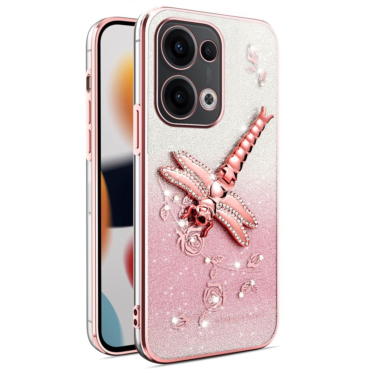 

KADEM For Oppo Reno13 5G (Global) Case Dragonfly Kickstand TPU Flowers Glitter Phone Cover B
