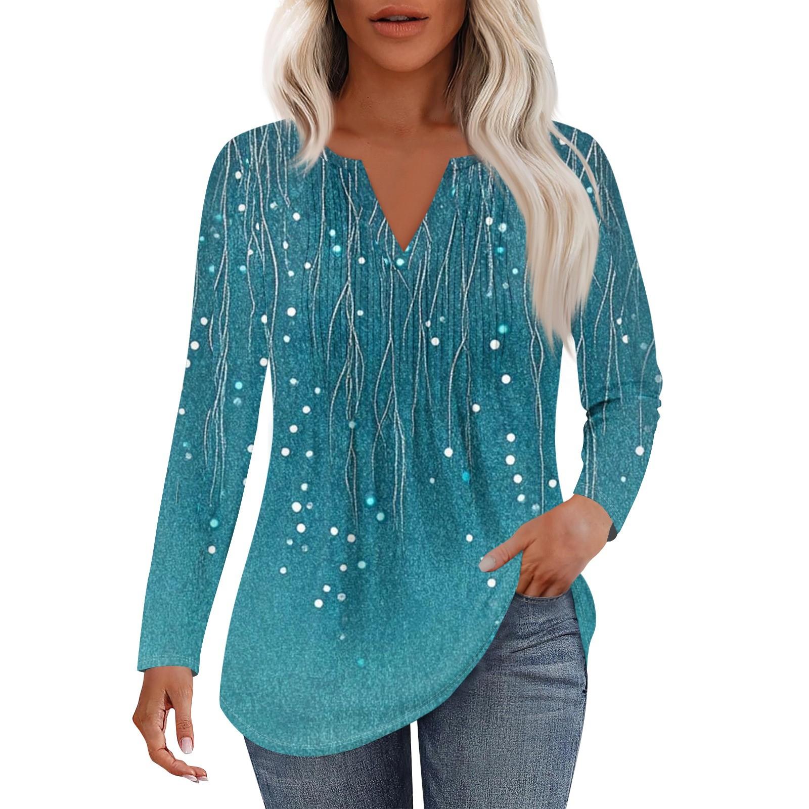 

Женская Мода Повседневная Плиссированная Футболка с V-образным Вырезом Однотонная с Длинным Рукавом Элегантные Топы M синий