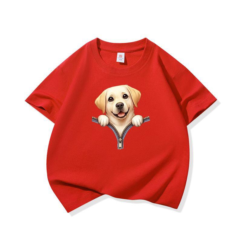Kids Cotton T Shirt Cute Labrador Retriever Dog Zipper Print Crew Neck Short Sleeve Tee Casual Boys Girls Summer Tops