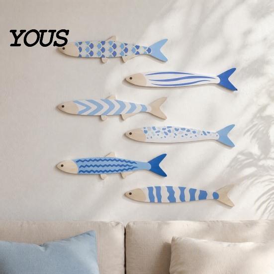 Decorative Fish Scale Wall Hangings 6Pcs/Set Wooden Decor, Beach House Decoration, Blue And White Wood Ornaments Coastal Art for Home Living