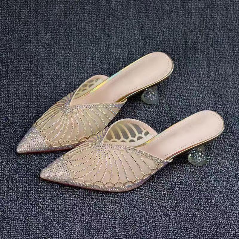 

Baotou half slippers women s summer spot new mesh rhinestone pointed heel Internet celebrity high heel fashion sandals 34 золотой