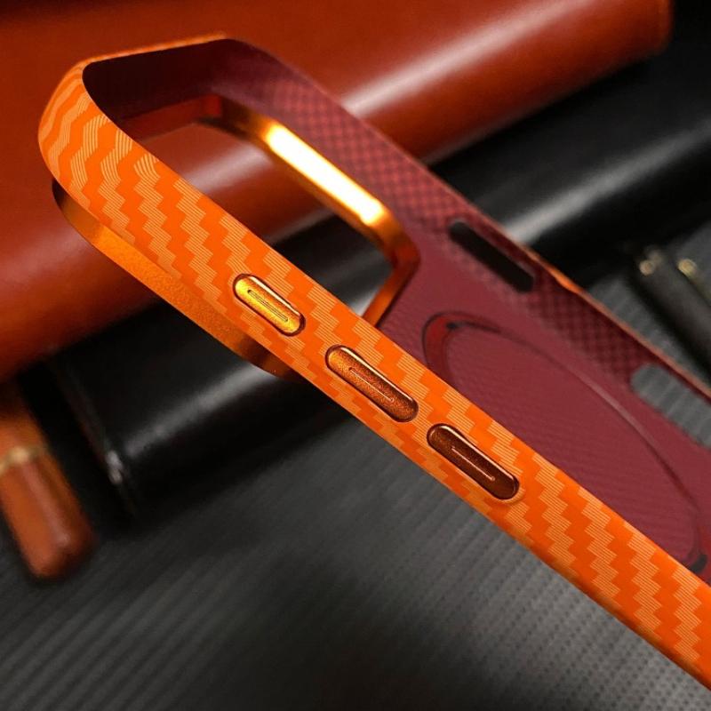 Carbon Fiber Texture Orange Case for iPhone 17 Pro Max / 17 Pro Magnetic Wireless Charging Alloy Lens Protection PC Cover