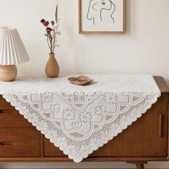 White Lace Tablecloth, Square Scalloped Floral Lace Doily, Elegant Vintage Table Cover for Nightstand End Table Tea Party Home Decor
