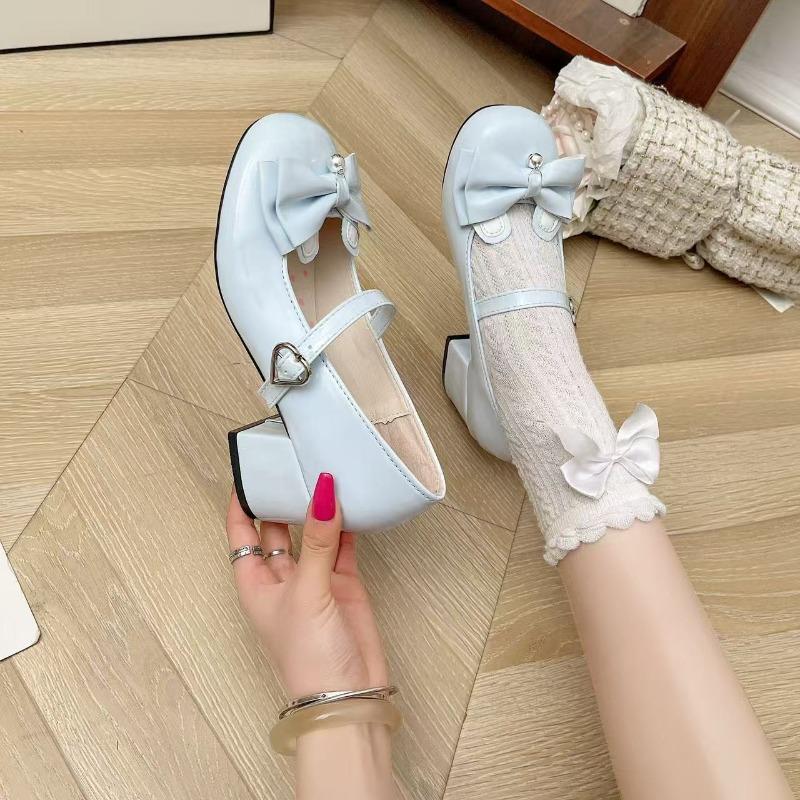 Damen Niedliche Lolita Cosplay Schuhe Schleife Mittelhoher Blockabsatz Plateau Jane Pumps Schnallenriemen Prinzessin Uniform Tragen Rosa Weiß