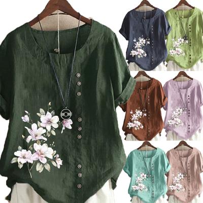 Vêtements pour femmes automne rétro coton lin imprimé chemise ample décontractée à manches courtes