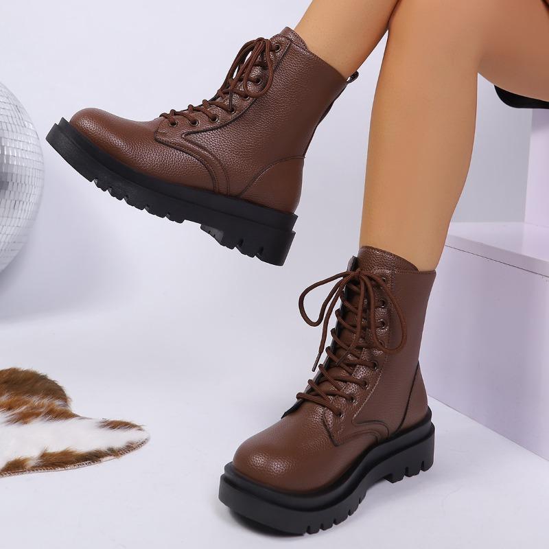 Women's Large Size Thick Sole Lace-Up British Style Martin Ankle Boots.