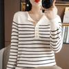 Multi-button Round Neck Bottoming Shirt for Women In Autumn and Winter, All-match Sweater, Loose Striped Andy Velvet Warm Top, Knitted Style
