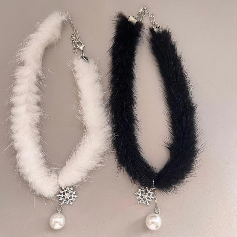 Elegant Mink Hair Plush Choker for Women Fashion Christmas Snowflake Pearl Pendant Necklace Wedding Party Jewelry Gift