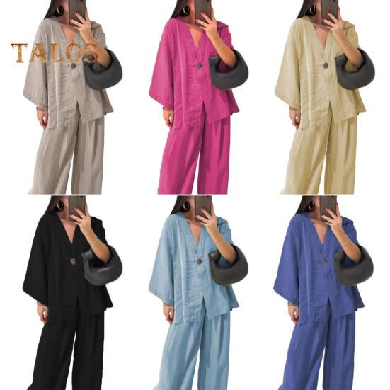 Dámský bavlněno-lněný dvoudílný outfit s dlouhým rukávem, top s výstřihem do V a zapínáním na knoflíky, široké kalhoty, ležérní souprava na doma