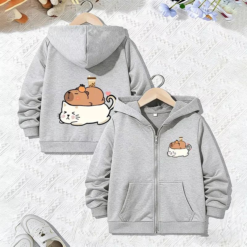 Felpa con zip e cappuccio carina con grafica di Capibara Gatto Bubble Tea Manica lunga larga Giacca con cappuccio Bellissimo capo esterno quotidiano per ragazzi e ragazze