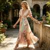 Women's Boho V-Neck Maxi Dress, Floral Print Short Sleeve Casual A-line Dress, Vintage Western Travel Vacation Outfits