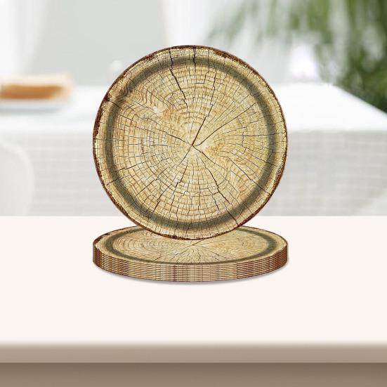 10Pcs Round Wood Grain Paper Tray Food Grade Paper Dinner Plates Decorative Picnic Party Tableware Decoration