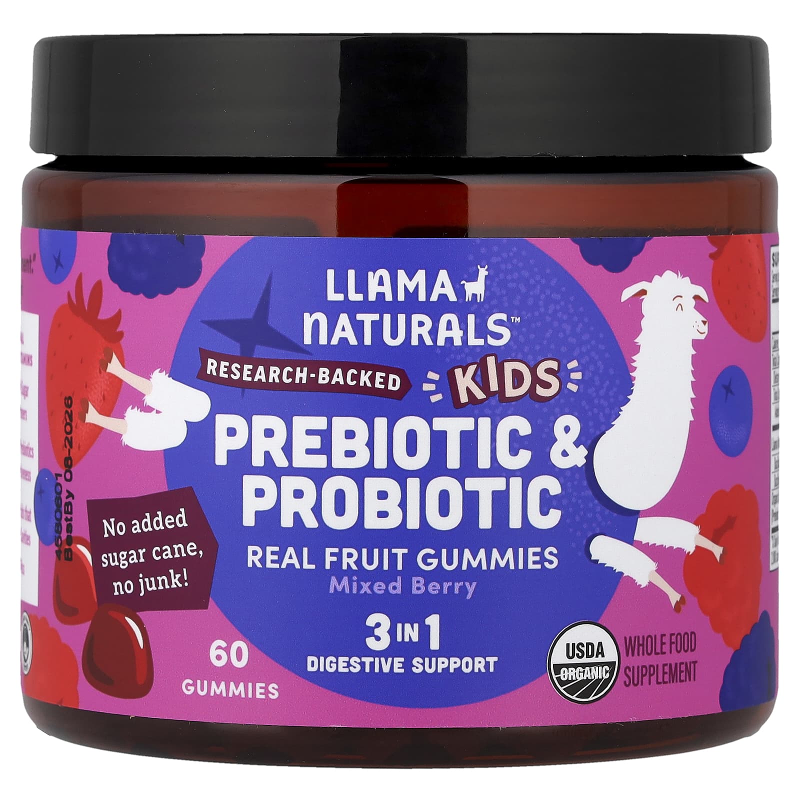 

Llama Naturals, Kids, Prebiotic & Probiotic, Real Fruit Gummies, Mixed Berry, 60 Gummies