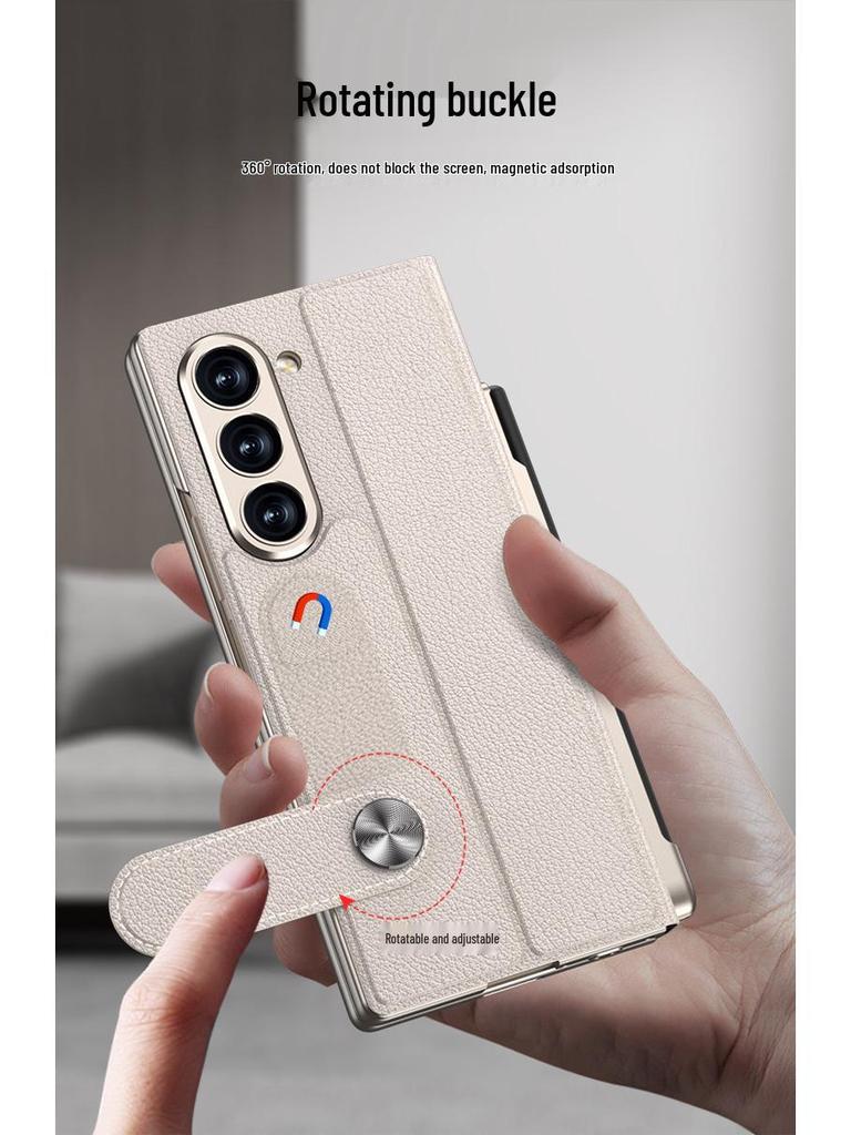 Samsung Z Fold 6 Leather Flip Case with Pen Slot and Glass Cover – Stylish and Business-Friendly.