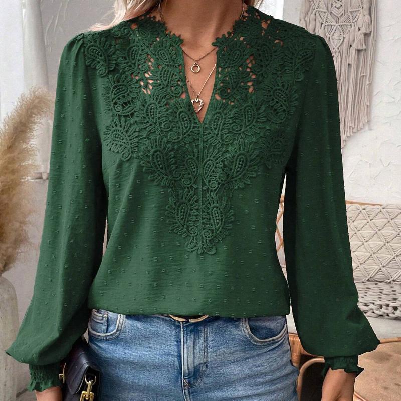 2025 Autumn/Winter New Collection, Fashionable V-neck, Lace, Solid Color, Long Sleeve, Casual Top, Women's Top, Autumn/Winter Interior, Elegant Design