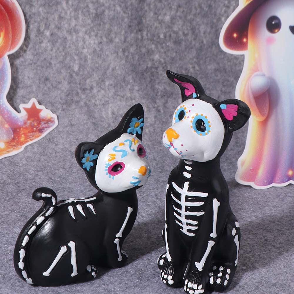 Colorful Black Cat Skeleton Figurine Resin Black Cat Statue Halloween Black Dog Figurine Cabinet
