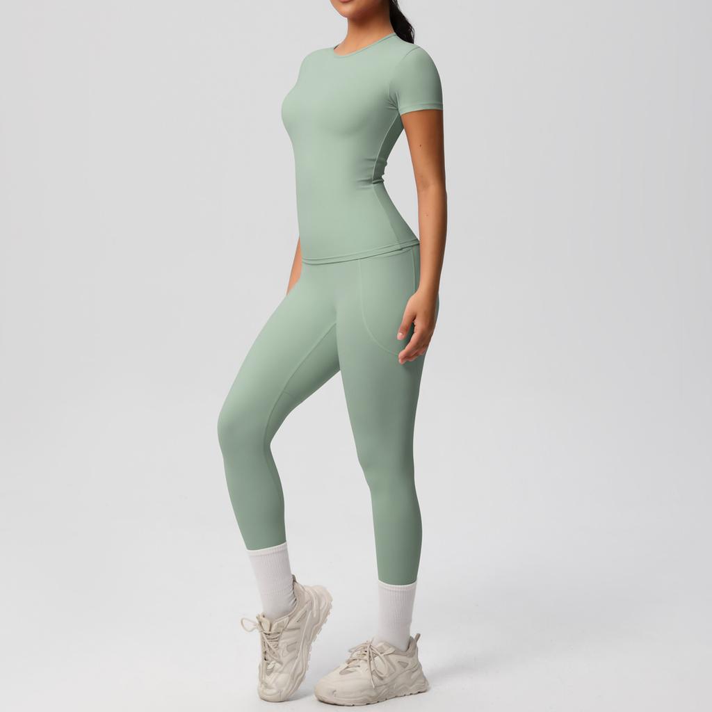 Solid Color Double-sided Brushed Breathable High Elasticity Tight Yoga Suit Set, Sports Running Fitness Two-piece Set