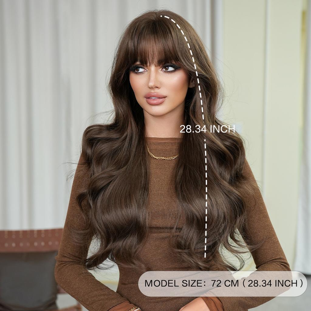 Dark Brown Big Waves Long Wig for Women - Full Bangs Voluminous Full Cap, Heat Style Trim Ready, Natural Realistic Daily