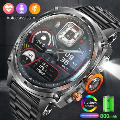 New 800mAh Large Battery Smart Watch Men 1.75" AMOLED HD Display LED Flashlight Sport Fitness Bluetooth Call Smartwatch Men