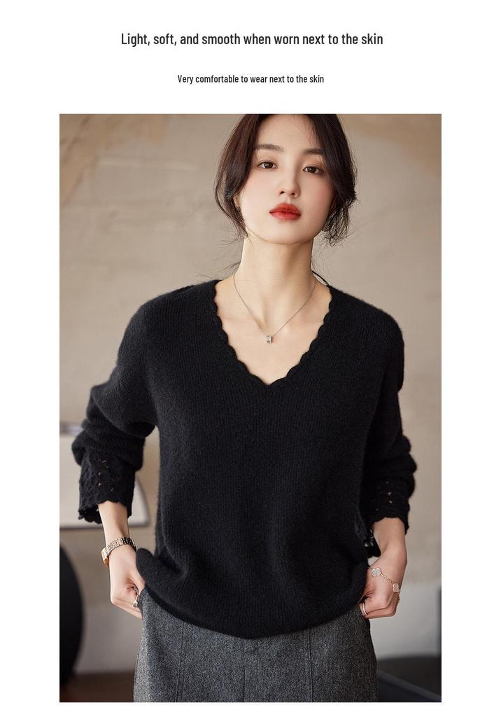 Early Autumn V-Neck Crochet Lace Wool Sweater – 100% Wool, Loose Fit, Long Sleeve for Women