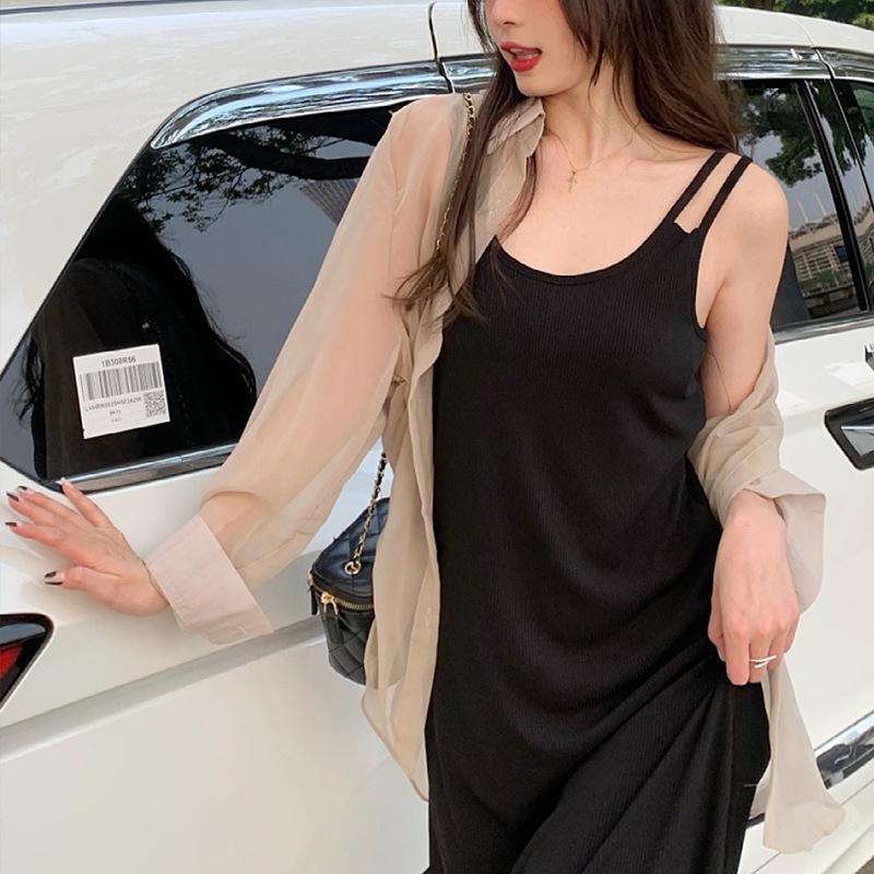 High-end design shoulder strap dress women's new summer loose and slim inner wear over-the-knee vest dress