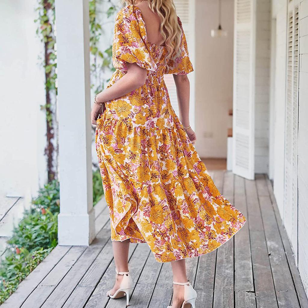 Women's Fashion Floral Square Collar High Waist Hollow Bubble Short-sleeved Back Pleated Printed Dress