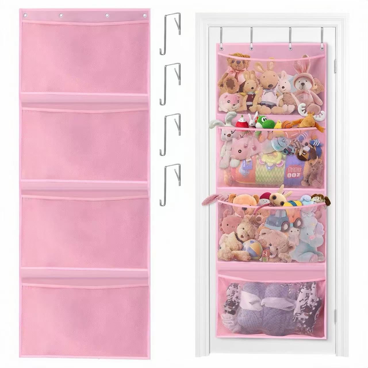 

1pcs Storage Hanging Bag Over Door Organizer for Stuffies Baby Toys Storage Toy Plush Hanging Storage Net Bag 165x60cm&4 Cells розовый