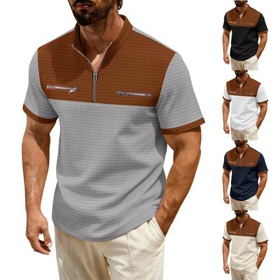 Men's Color Blocked Stand Up Collar 1/4 Zip Up Shirt  Men's Casual And Comfortable Short Sleeved Shirt
