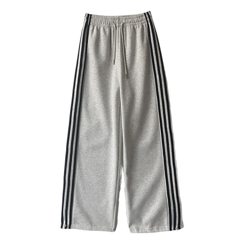 Womens High-Waisted Wide-Leg Joggers With Triple Stripe Detail Loose Fit Cotton Blend Casual Pants Fall