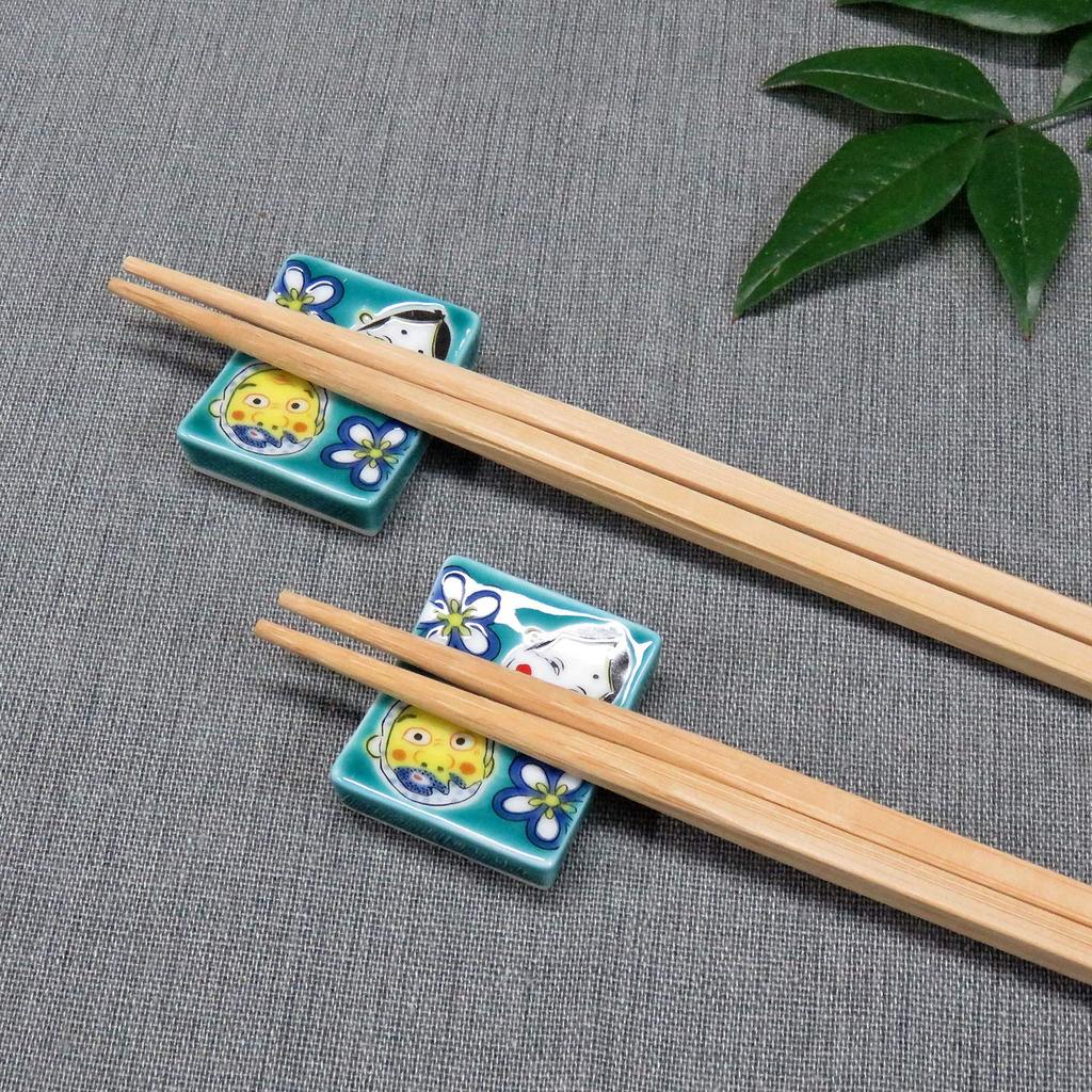Stylish Kutani Ware Pair Chopstick Rest Hyottoko and Okame Ceramic Cutlery Made In Japan Set, Design, Rest,