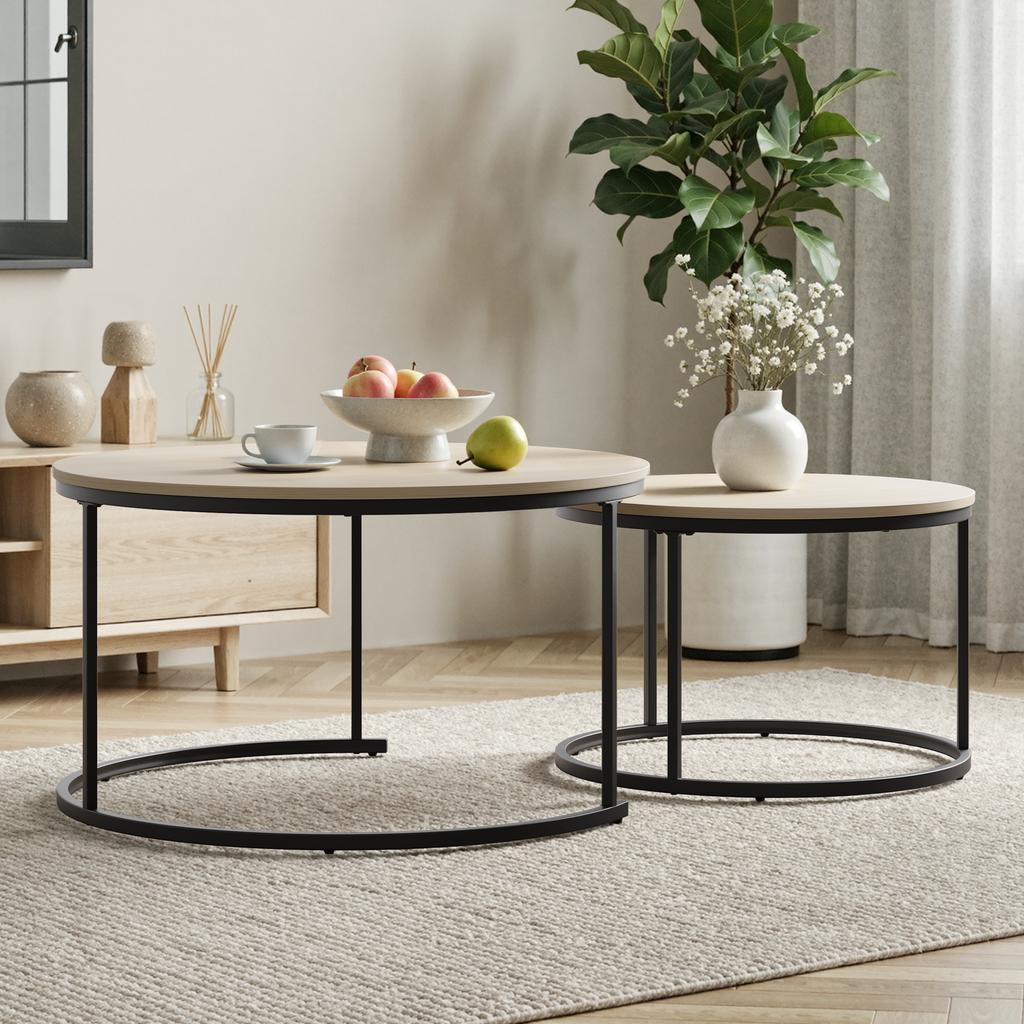 Two-Piece Nesting Coffee Table Set, Oak Veneer, Round with a Diameter of 80 cm, Metal Frame, Modern Style, Suitable for Living Room, Bedroom, Balcony.