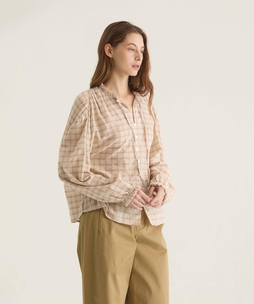 Oteumilkape Check Frill Tie Blouse - Beige