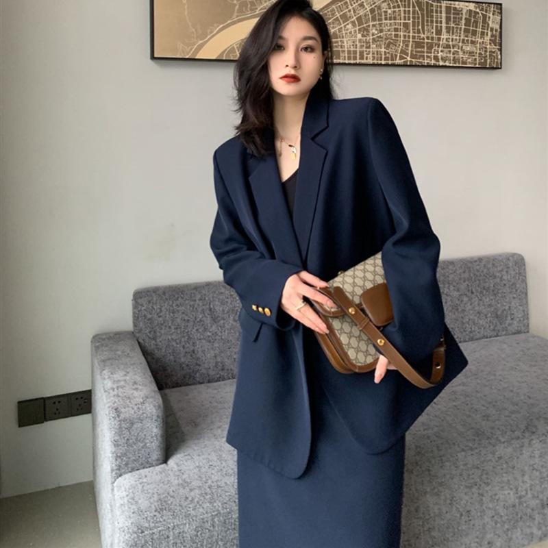 

Navy Blue Plus Size Women s Two-Piece Suit with Back Slit Straight Skirt Plus Size 2XL