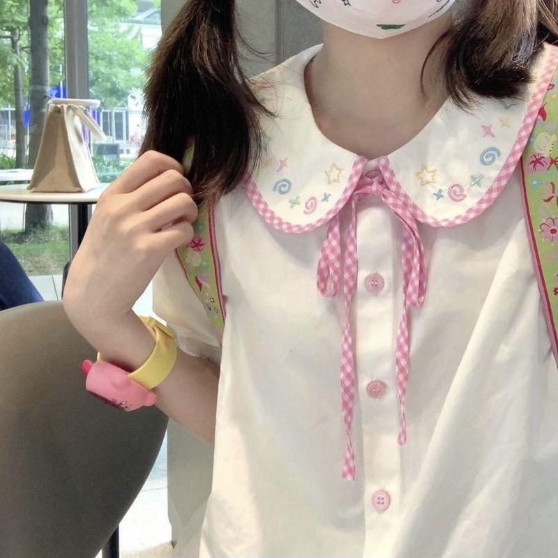 Japanese Sweet Kawaii Girl Preppy Shirt Doll Collar Embroidery White Blouse Women Cute Bow Tops Summer Short Sleeve Shirts New