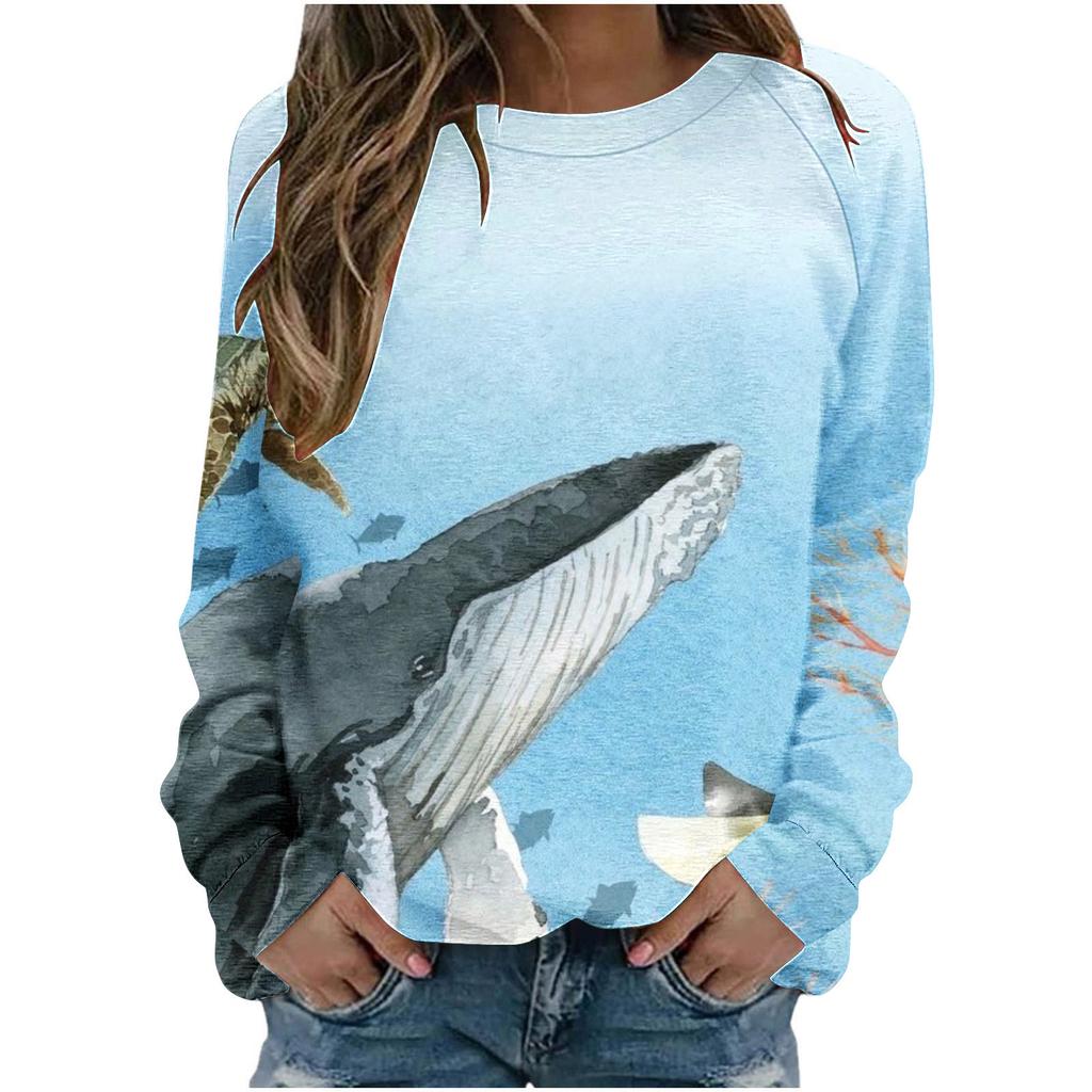 Autumn Round Neck Blue Women's T-shirt Loose Fitting Pullover Long Sleeved Whale 3D Printed Sweatshirt