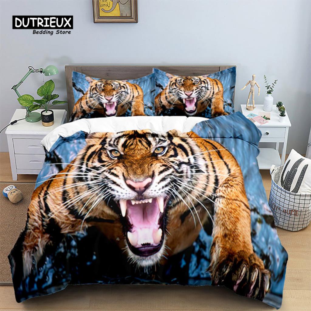 Tiger Duvet Cover Set Queen Size African Animal Bedding Set Tropical Wild Animal Leopard Comforter Cover For Kids Adults Decor