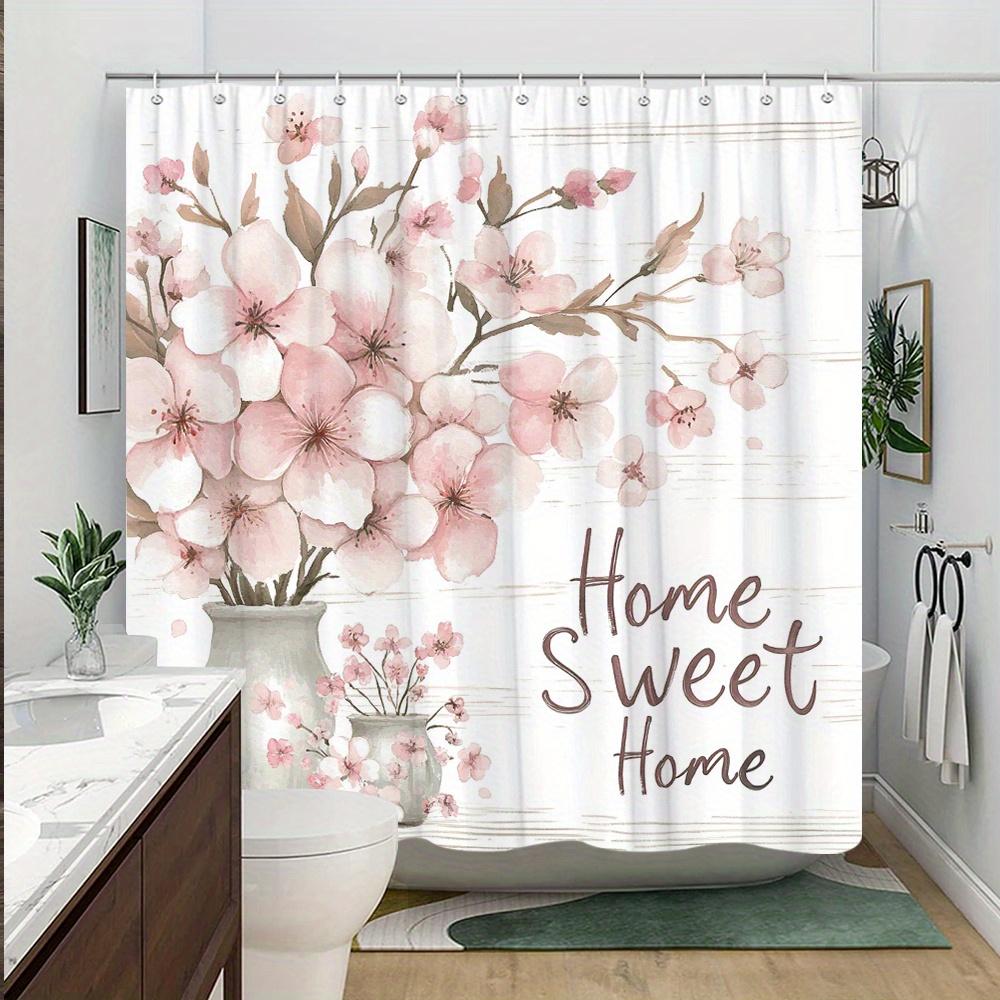 Cherry Blossom Curtain - 'Home Sweet Home' Text, Rustic Wood, Watercolor Style, 12 Hooks, Machine Washable, Bath Decor