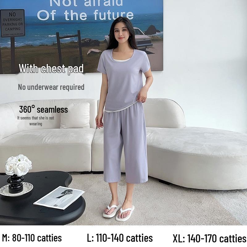 Women's Summer Short-Sleeve Modal Cotton Pajama Set with Chest Pad